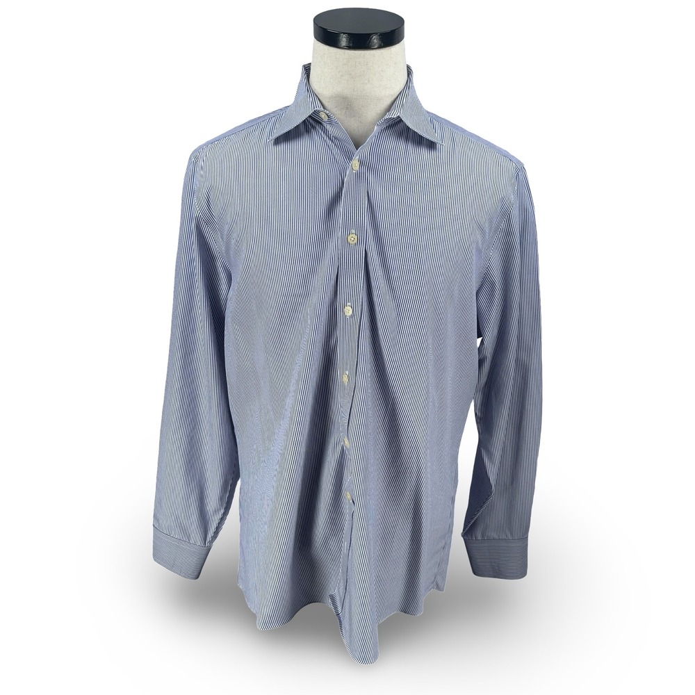 Charles Tyrwhitt Mens Blue White Striped Non Iron Slim Fit Dress Shirt 16.5 34